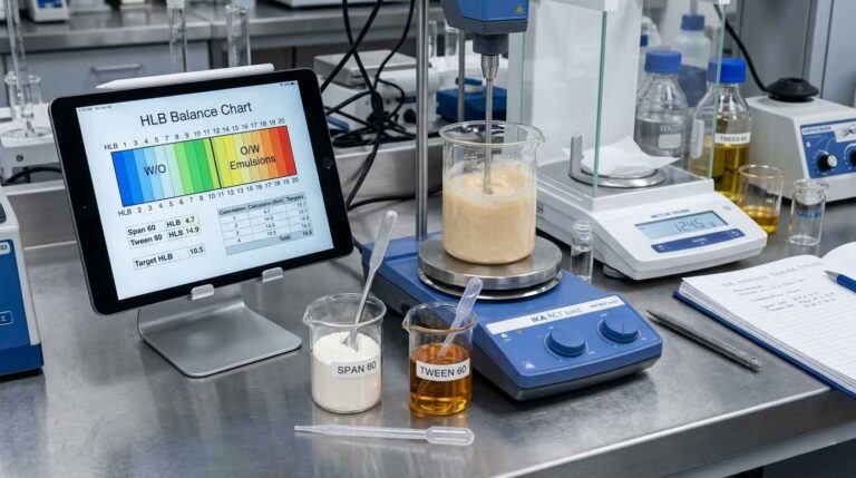 Polvo Span 60, líquido Tween 60 y una pasta emulsionante compuesta agitada sobre una mesa de laboratorio de formulación