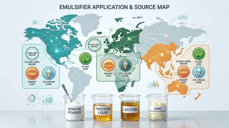 Mapa mundial con las tendencias del mercado de emulsionantes alimentarios: etiquetas limpias, de origen vegetal y crecimiento regional, con muestras de Span 60, Tween 80, lecitina y DMG.