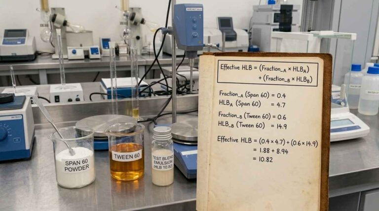 Cuaderno de laboratorio con la fórmula de cálculo del HLB junto al polvo Span 60 (HLB 4,7) y el líquido Tween 60 (HLB 14,9).