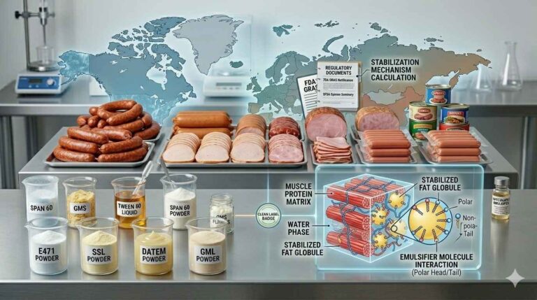 Productos cárnicos procesados con muestras de emulsionantes (E471, SSL, DATEM, GML) y diagrama de corte transversal de la estabilización de la emulsión cárnica.