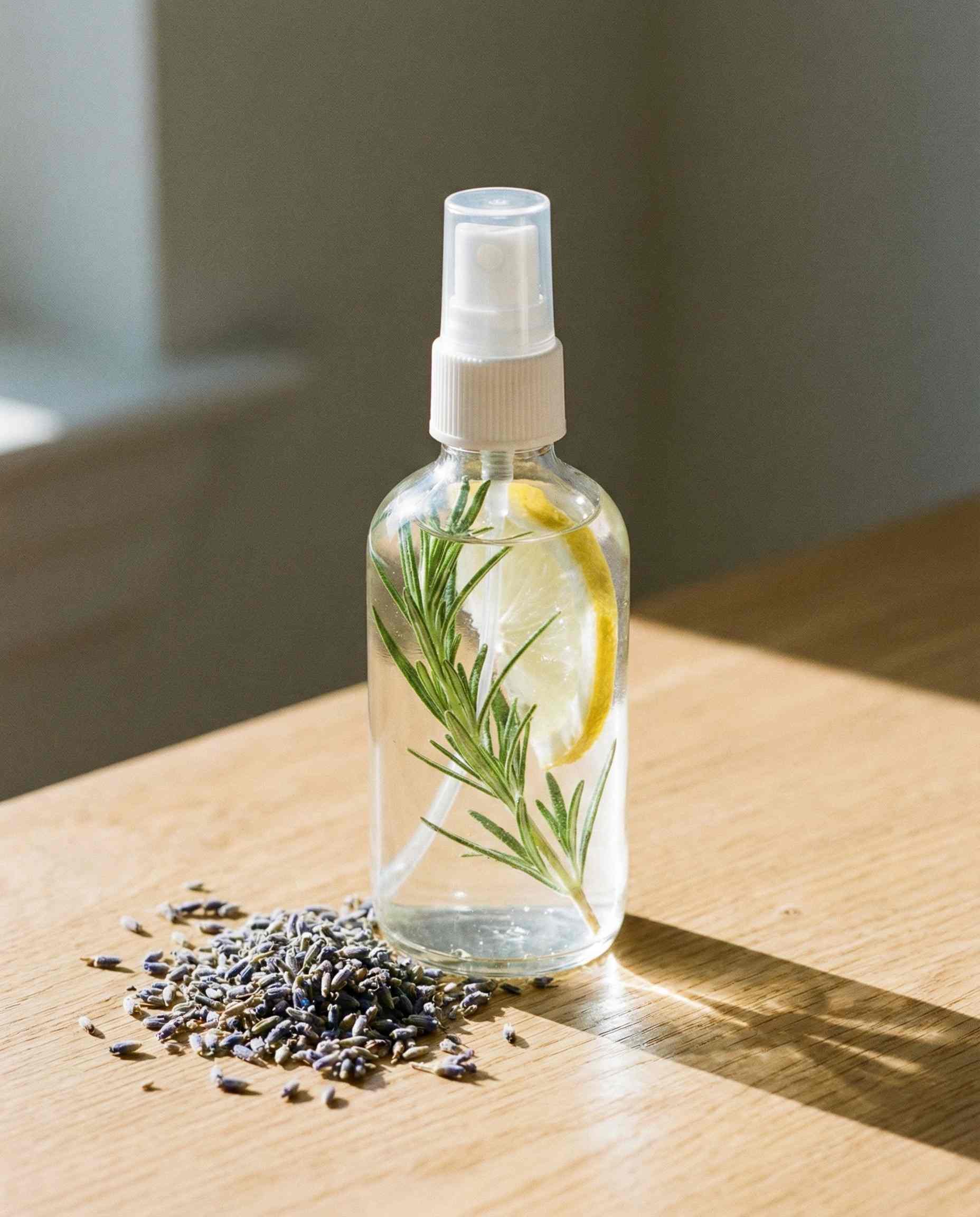 Clear glass spray bottle containing a transparent facial mist with fresh lemon and herbs, demonstrating the high clarity of Polysorbate 20 solubilizer.