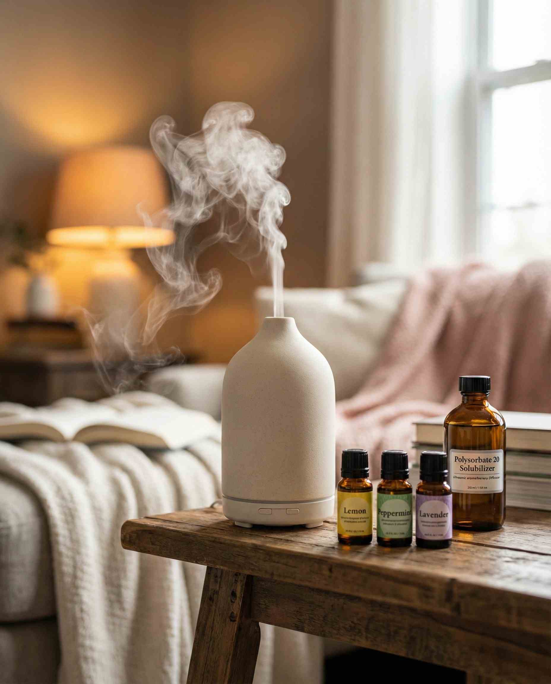 Ultrasonic aromatherapy diffuser emitting cool white mist, placed next to essential oil bottles and Polysorbate 20 solubilizer for home fragrance blends.
