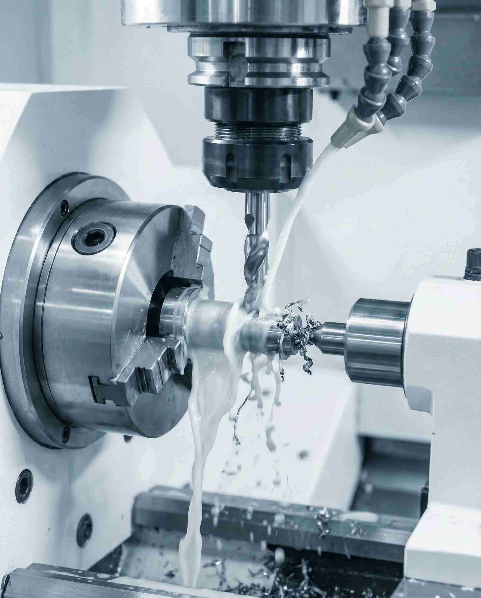 Milky white metalworking cutting fluid emulsion stabilized by Polysorbate 81, cooling a metal lathe.