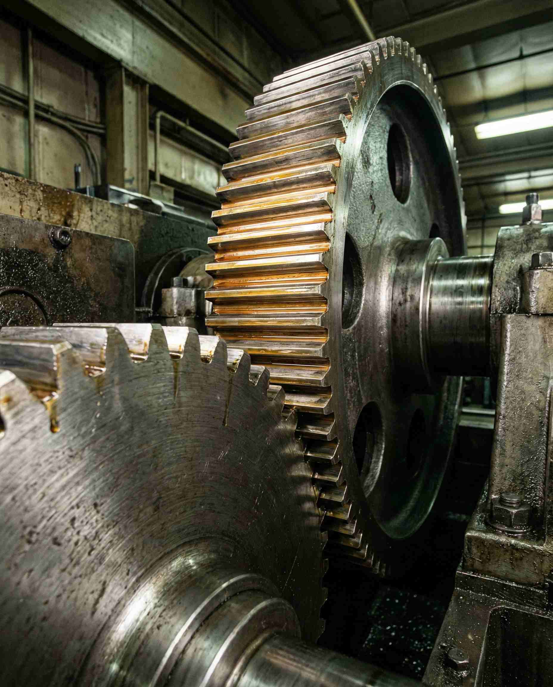 Industrial gears coated in a protective lubricant film formulated with Polysorbate 85 friction reducer.
