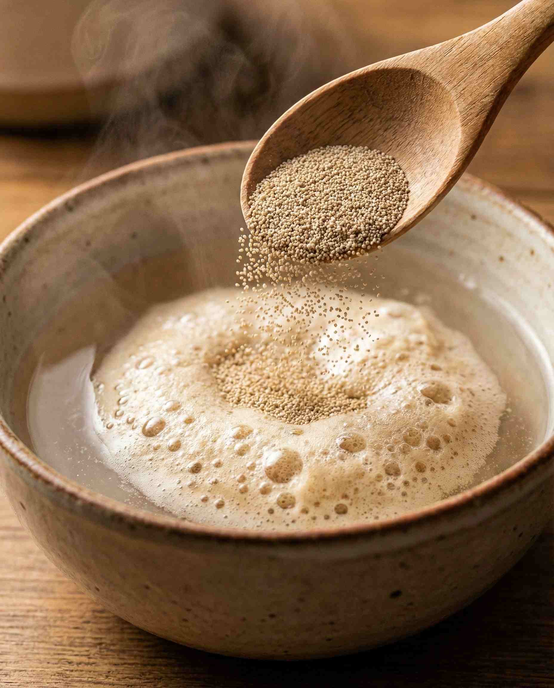 Instant dry yeast granules rehydrating in water, demonstrating the cell-protection properties of Sorbitan Monolaurate (Span 20).