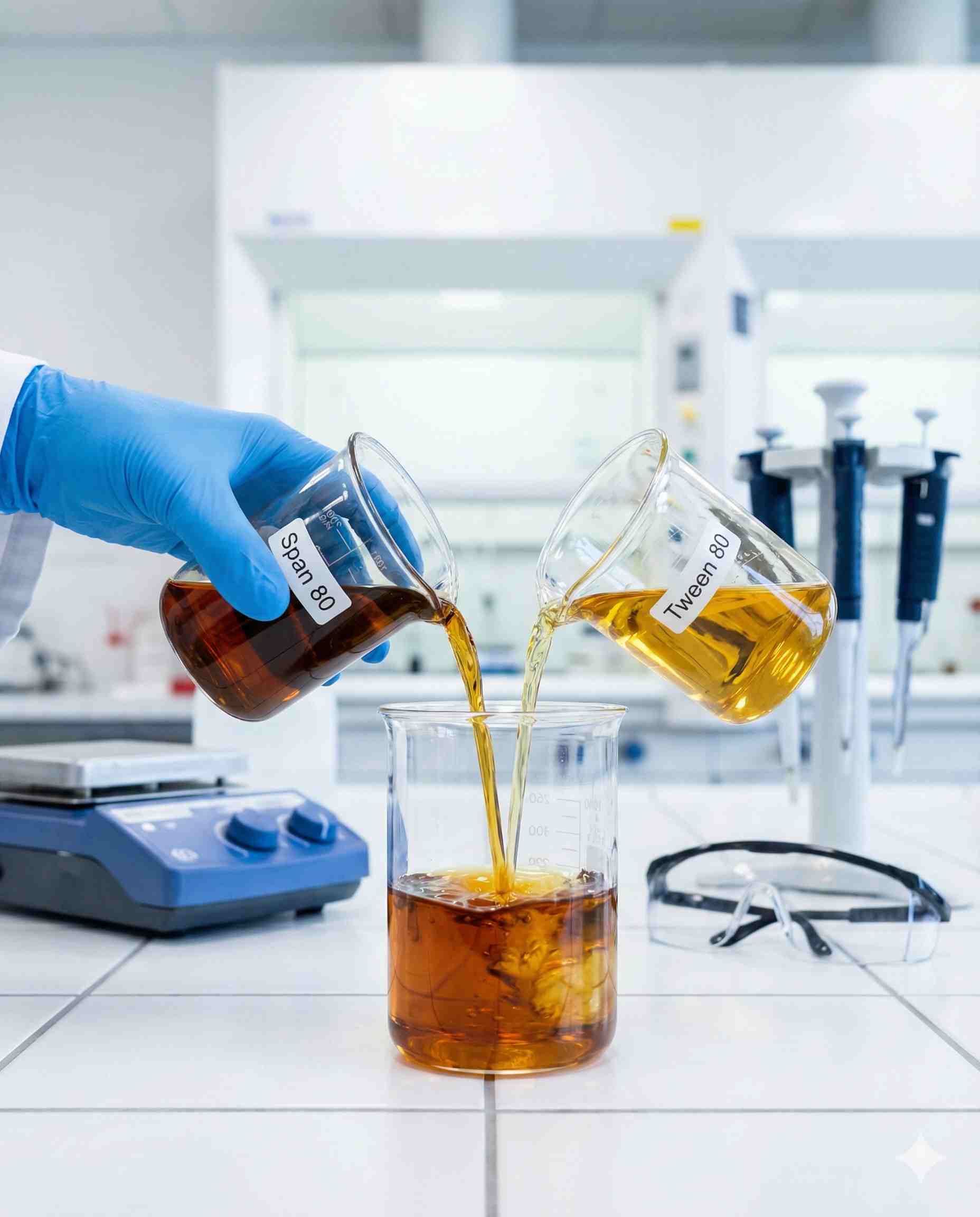 Blending Span 80 and Tween 80 surfactants in a lab to achieve optimal Hydrophile-Lipophile Balance.