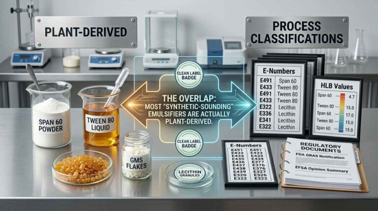 Comparación en laboratorio de emulsionantes de origen vegetal como Span 60, Tween 80, lecitina y GMS, con sus números E, valores HLB y documentación reglamentaria.