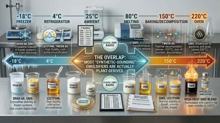 Diagrama de gradiente térmico que muestra el rendimiento de Span 60, Tween 80, GMS y lecitina en el rango de -18 °C a 220 °C.