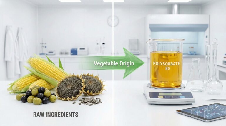 Comparison of raw plant ingredients and finished Vegetable-Based Polysorbate 80 liquid in a laboratory.