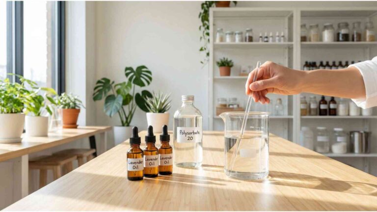 Mixing essential oils with Polysorbate 20 in a beaker to create a clear room spray.