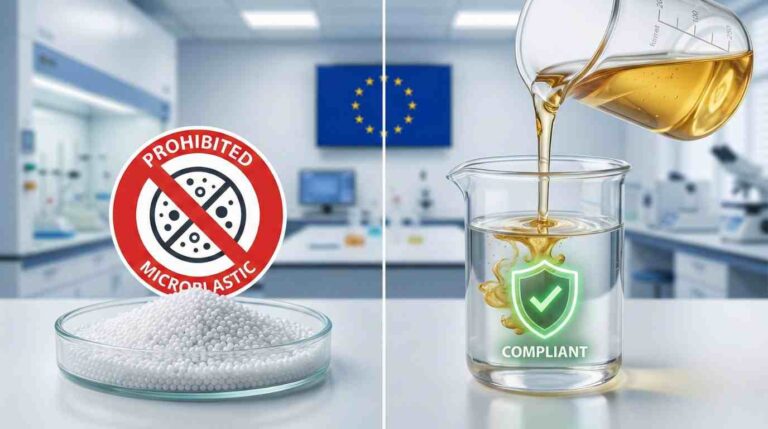 Split screen comparison showing prohibited solid microplastic beads versus compliant, water-soluble Polysorbate liquid under EU REACH regulations.