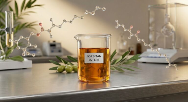 Glass beaker containing amber bio-based sorbitan esters with botanical elements symbolizing sustainable green chemistry production