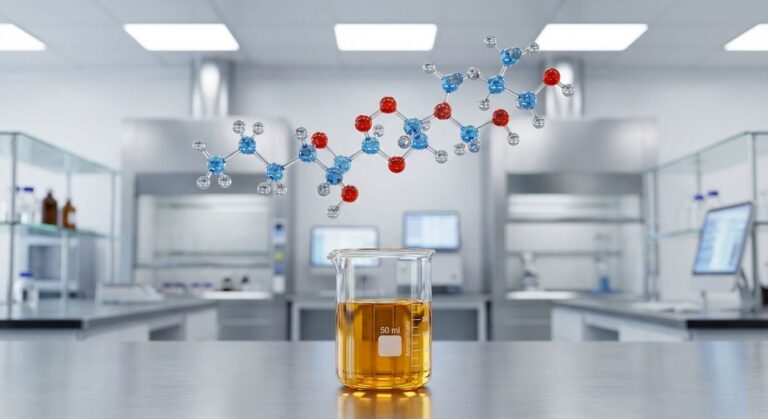 A 3D render of the Polysorbate 20 chemical structure floating over a lab beaker filled with the amber liquid, illustrating the polysorbate 20 TDS.