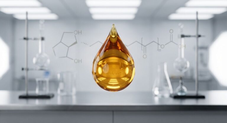 Macro view of amber viscous Polysorbate 20 liquid for cosmetic and food emulsification