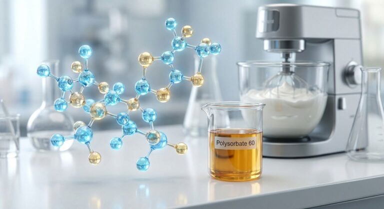 A 3D molecular model of Polysorbate 60 next to a beaker of the amber liquid, illustrating its use as an emulsifier in a cosmetic lab setting.