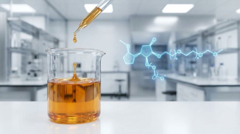 A scientific image illustrating Polysorbate 60 safety, showing the viscous liquid in a lab beaker with its molecular structure in the background.