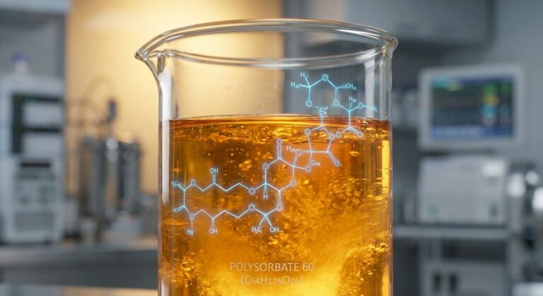 3D chemical structure of Polysorbate 60 (Tween 60) overlaying a beaker of amber viscous emulsifier liquid