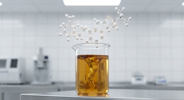A technical illustration showing a laboratory beaker filled with amber-colored Polysorbate 80, a versatile Oil-in-Water emulsifier, with its molecular structure overlaid.