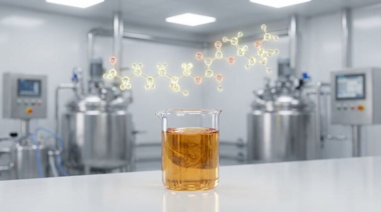 A 3D molecular render of Polysorbate 80, a key emulsifier, shown as a viscous amber liquid in a scientific beaker, representing its use in high-stability formulations.