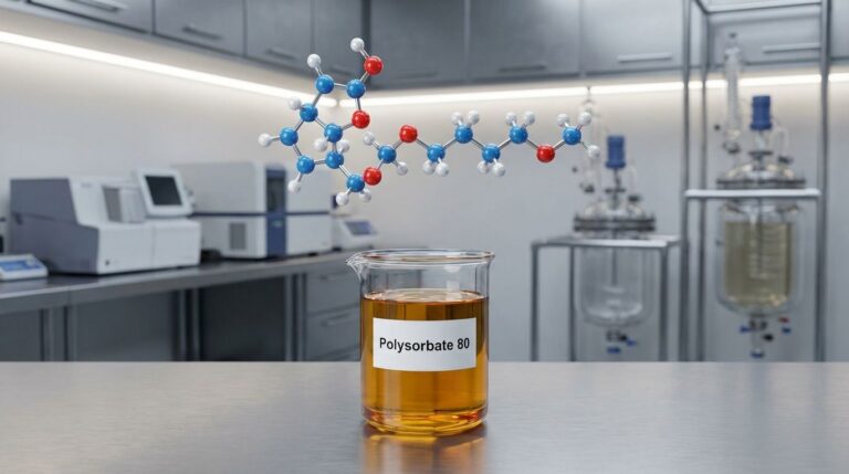 A clean laboratory beaker containing Polysorbate 80, a viscous amber emulsifier, with a 3D molecular structure model displayed above it.