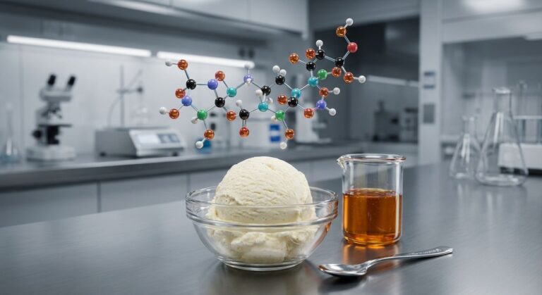 A 3D molecular model of Polysorbate 80 in a food science lab, illustrating its role as an emulsifier next to a perfect scoop of creamy ice cream.