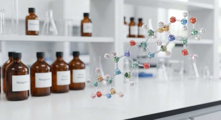 3D molecular render of Polysorbate 80 (Tween 80) surfactant structure in a laboratory setting