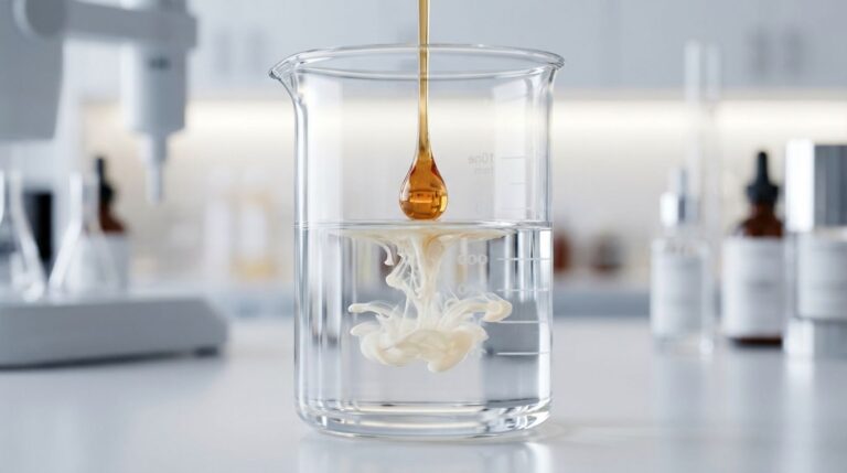 A close-up 3D render showing the emulsification process of a polysorbate 80 oil cleanser, with an amber drop creating milky swirls in a clear oil inside a lab beaker.