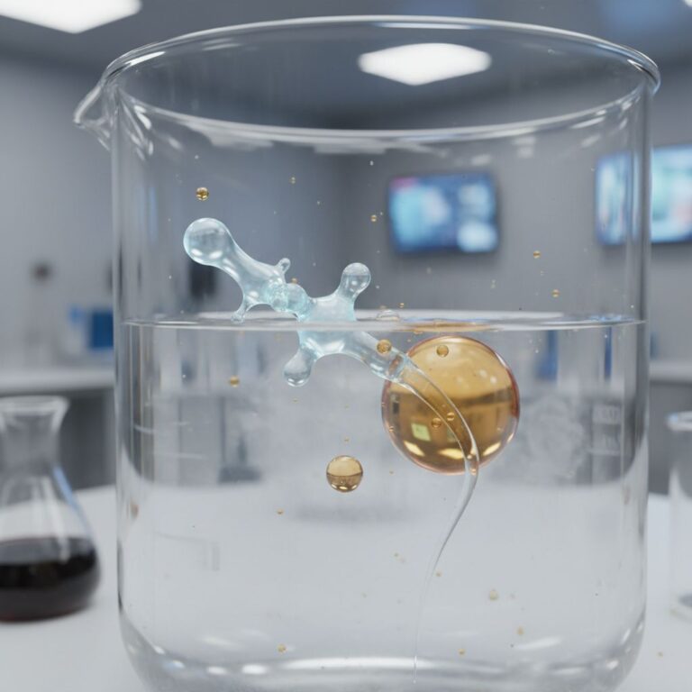 A 3D molecular render illustrating the Polysorbate HLB principle, showing a Polysorbate molecule stabilizing an oil droplet in water inside a lab beaker.