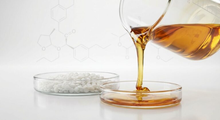Laboratory glassware displaying golden liquid and waxy solid sorbitan esters for cosmetic formulation