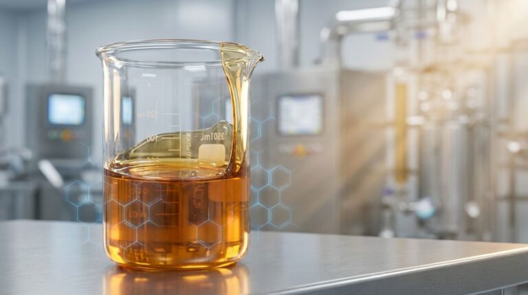 Amber viscous sorbitan ester liquid in a laboratory beaker for industrial formulation