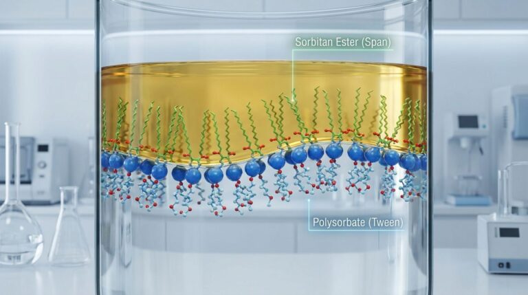 3D molecular model showing Sorbitan Esters and Polysorbates creating a stable emulsion at an oil-water interface, illustrating the HLB system.