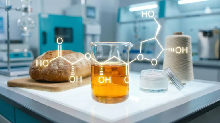 Laboratory beaker containing golden amber Sorbitan Ester (Span series) liquid, overlaid with a chemical structure diagram. Background displays key industrial applications including bakery bread, cosmetic cream, and textile spools.