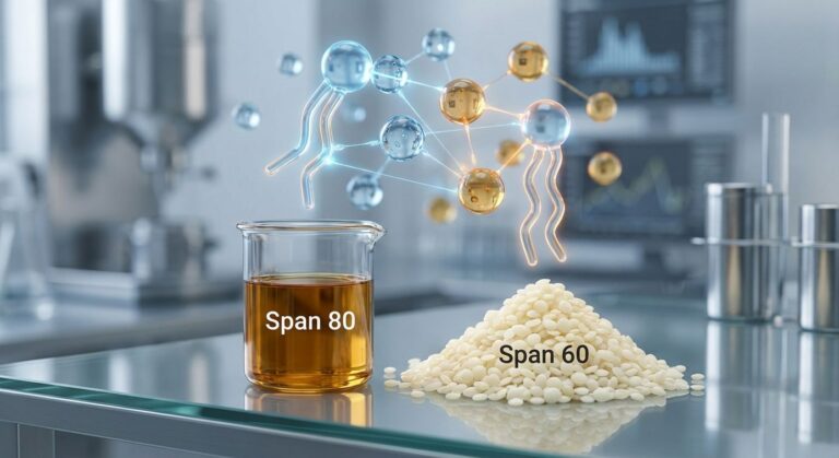 Food grade Sorbitan Esters display showing viscous amber Span 80 liquid and Span 60 waxy beads for industrial food processing