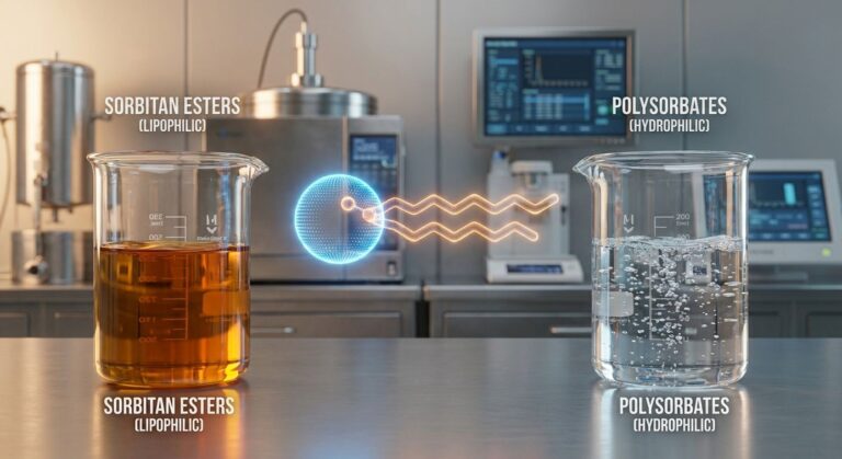 Laboratory comparison of viscous amber Sorbitan Esters and clear Polysorbates illustrating non-ionic emulsifier properties