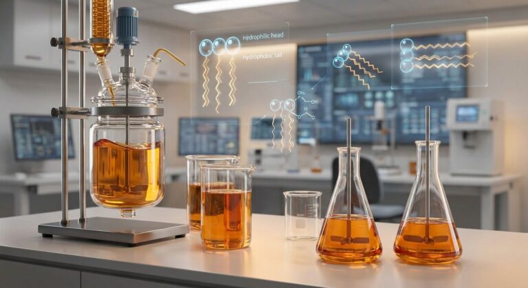 Laboratory glassware displaying stable emulsions for a sorbitan monolaurate application alongside polysorbate samples