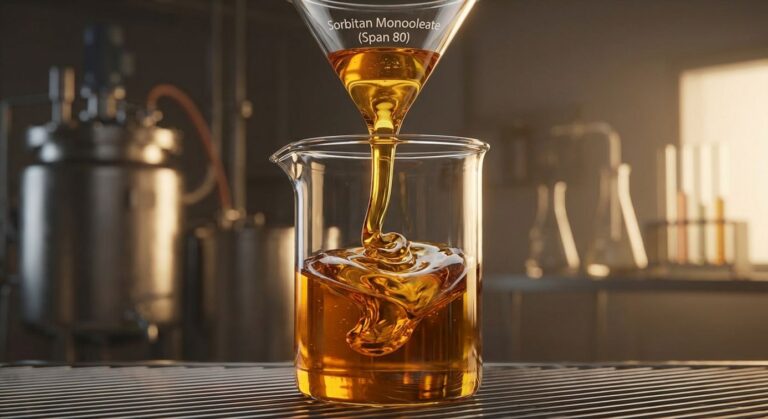 Viscous amber liquid Sorbitan Monooleate (Span 80) in a laboratory beaker for emulsifier formulation