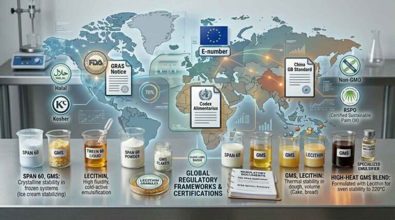 Mapa mundial con los marcos regulatorios de emulsionantes alimentarios (números E de la UE, GRAS de la FDA, estándares del Codex), junto con muestras de Span 60, Tween 80, GMS y lecitina.