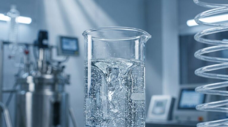 A close-up of Polysorbate 60, a high HLB emulsifier, creating a stable oil-in-water emulsion in a laboratory beaker, symbolizing its use in food, cosmetic, and pharmaceutical formulations.