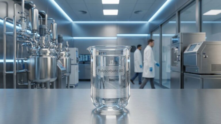 A close-up of a glass beaker containing viscous Polysorbate 80 liquid, a key emulsifier for food and cosmetic formulations, set in a modern Foodemul.com R&D laboratory.