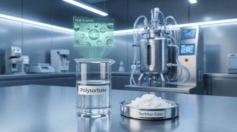A high-tech laboratory view of raw emulsifier ingredients: clear, viscous Polysorbate liquid in a beaker and white Sorbitan Ester flakes, representing pure, plant-based solutions for food and cosmetic formulations.