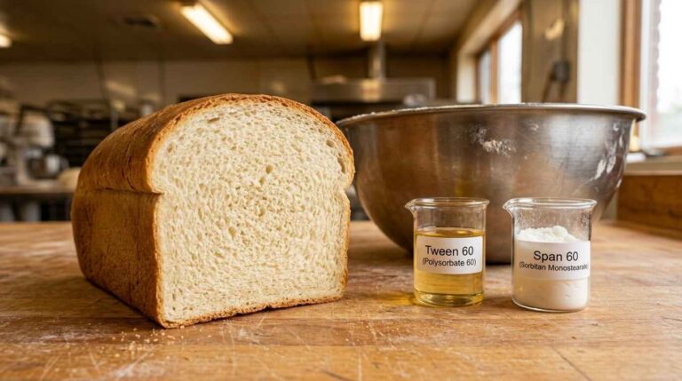 Sección transversal de una hogaza de pan perfecta para sándwich con muestras de emulsionantes Tween 60 y Span 60 sobre una mesa de panadería.