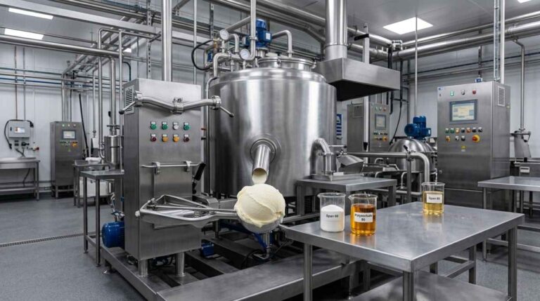 Una suave bola de helado de vainilla junto al polvo Span 60 y el líquido Polysorbate 80 en una planta de fabricación.