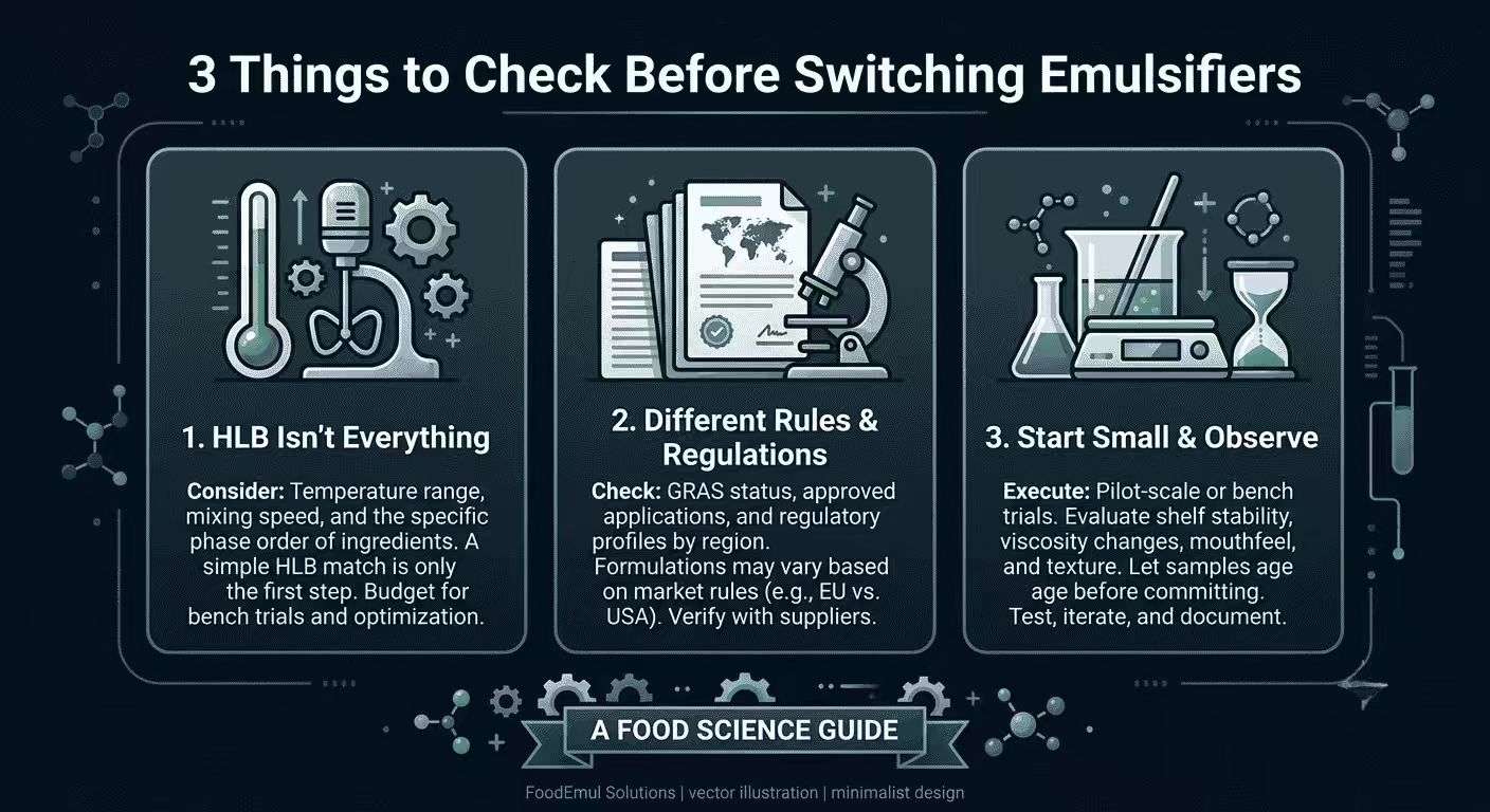 3 things to check before switching emulsifiers: HLB parameters including temperature and mixing speed, regulatory compliance across GRAS and regional approvals, pilot-scale testing for stability and texture