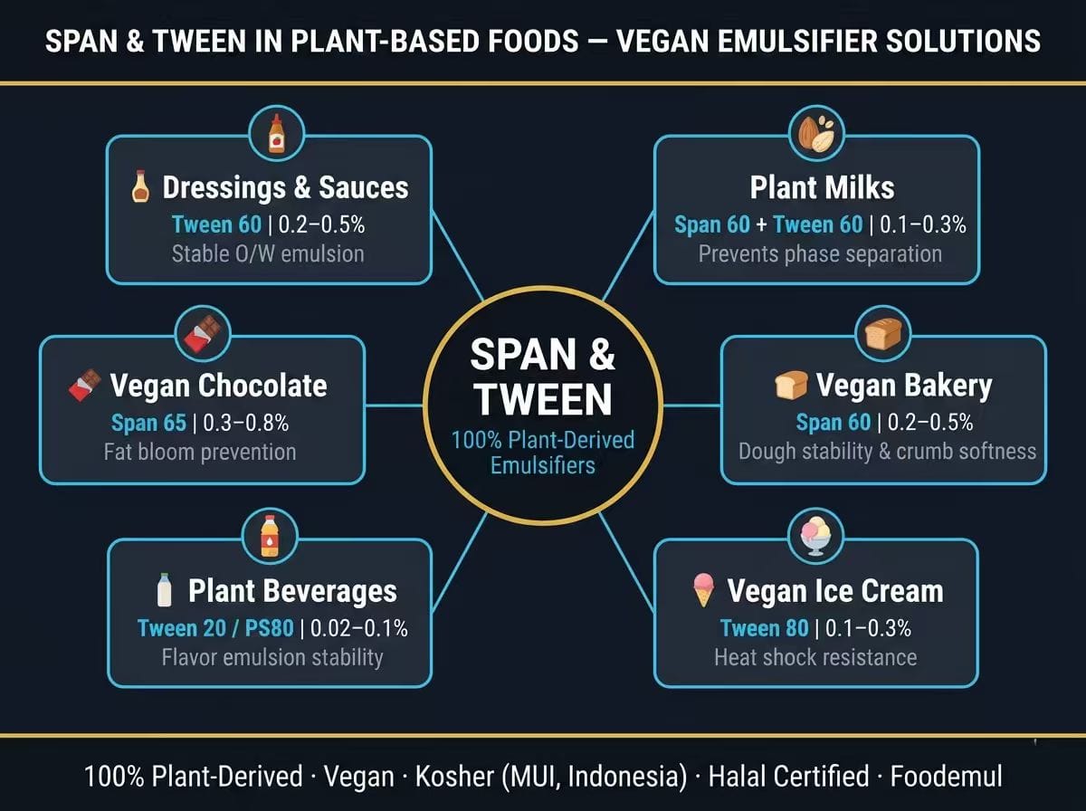 Span and Tween in Plant-Based Foods Vegan Emulsifier Solutions: Plant Milks Vegan Bakery Ice Cream Beverages Chocolate Dressings and Sauces