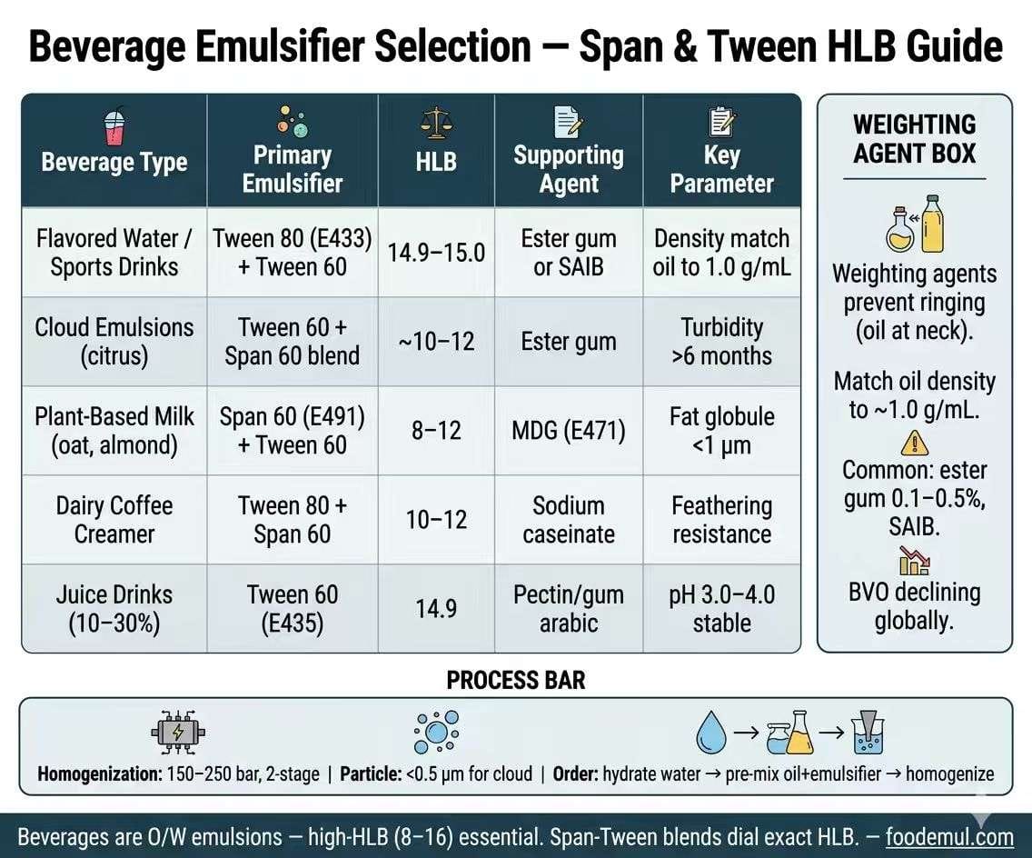 Beverage Emulsifier HLB Selection Guide — Tween, Span & E-number quick reference