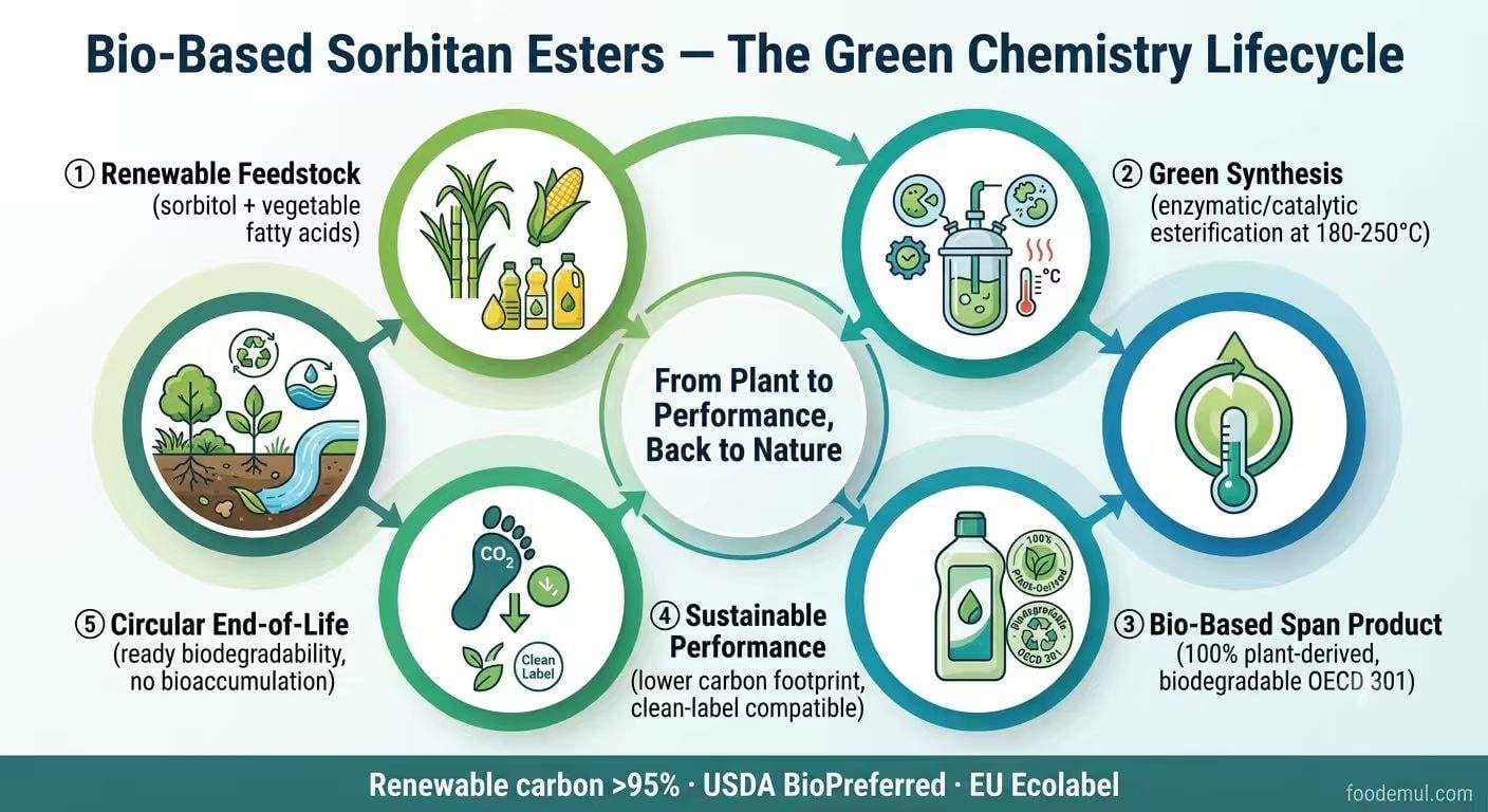 Bio-Based Sorbitan Esters Green Chemistry Lifecycle — renewable feedstock, green synthesis, 100% plant-derived biodegradable Span products, sustainable performance, circular end-of-life