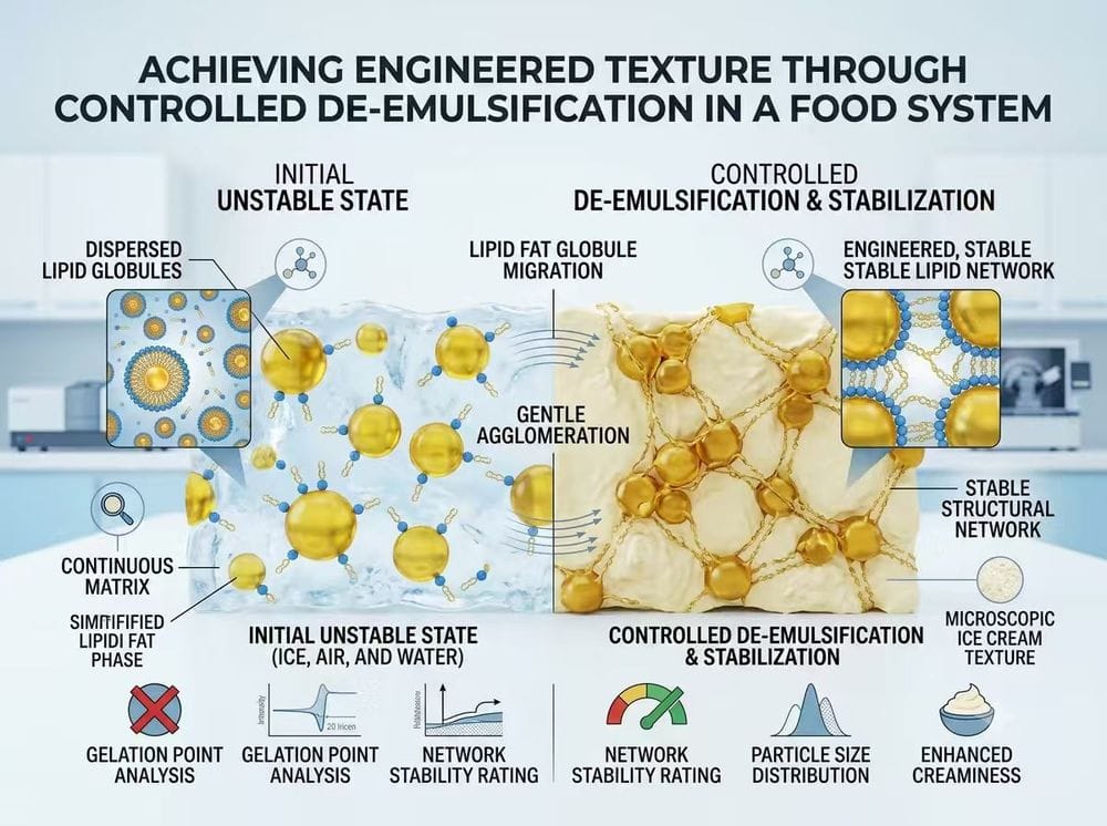 3D scientific infographic of food emulsifiers managing controlled de-emulsification and fat globule agglomeration for structure stabilization in ice cream processing.