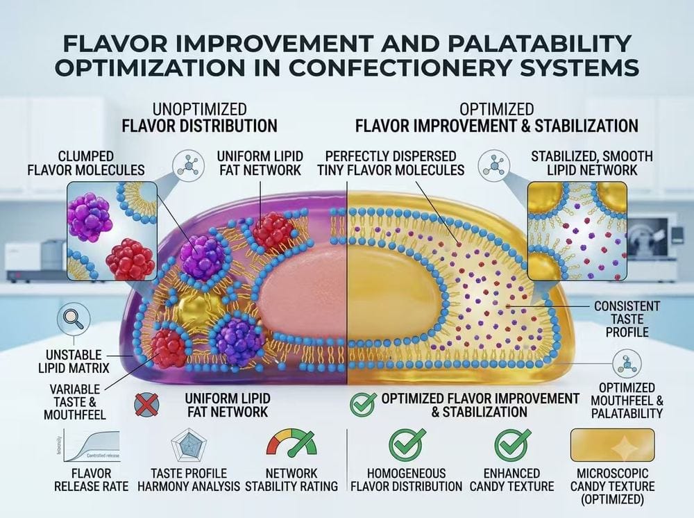 3D scientific infographic of food emulsifiers lipid-system homogenization to optimize flavor release and enhance palatability in chewing gum and coatings.