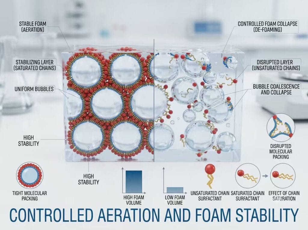 3D scientific infographic of saturated and unsaturated emulsifier surfactant molecules stabilizing and disrupting gas bubbles for foaming and defoaming control in commercial food processing