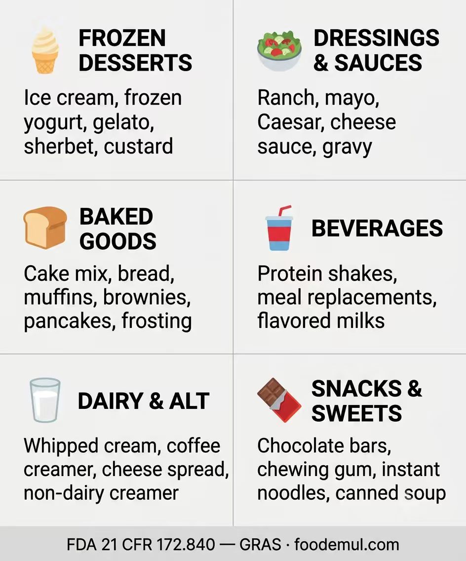 Polysorbate 80 food categories infographic — six category grid with specific product names for ice cream, salad dressings, baked goods, beverages, dairy products, and confectionery